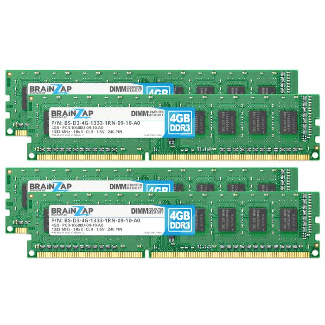 BRAINZAP 16GB (4x 4GB) DDR3 RAM DIMM PC3-10600U-09-10-A0 1Rx8 1333 MHz 1.5V CL9 Computer PC Arbeitsspeicher