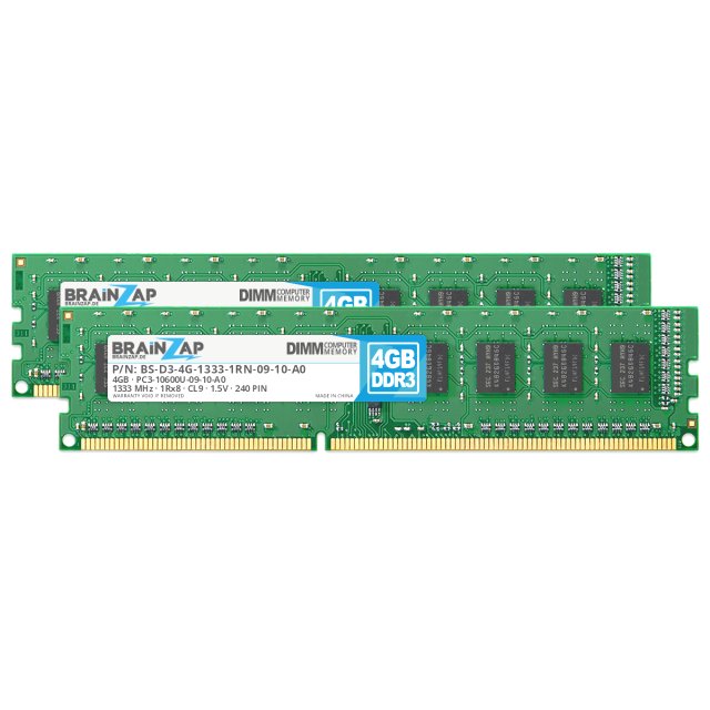 BRAINZAP 8GB (2x 4GB) DDR3 RAM DIMM PC3-10600U-09-10-A0 1Rx8 1333 MHz 1.5V CL9 Computer PC Arbeitsspeicher
