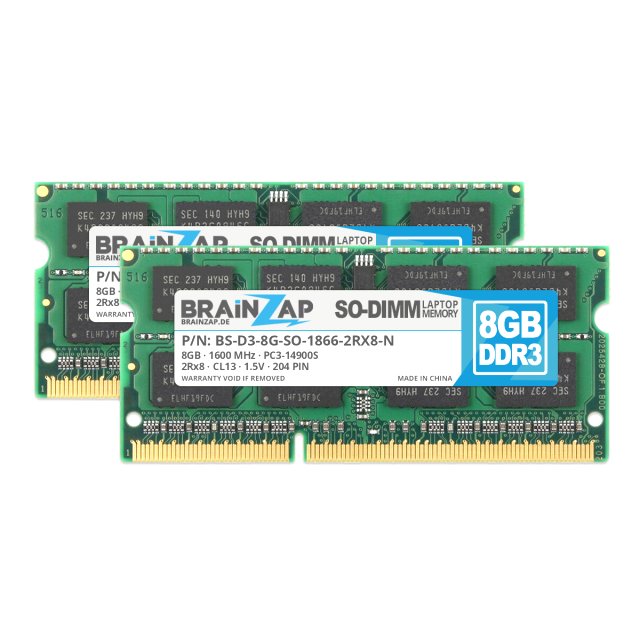 BRAINZAP 16GB (2x 8GB) DDR3 RAM SO-DIMM PC3-14900S 2Rx8 1600 MHz 1.5V CL13 Notebook Laptop Arbeitsspeicher