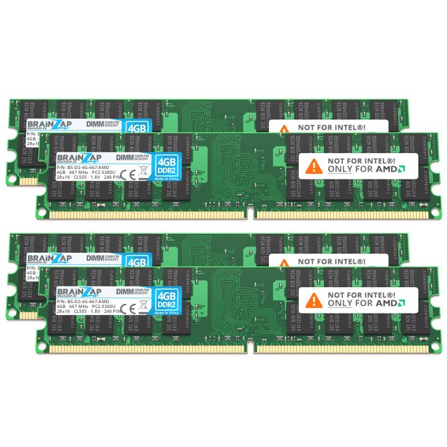 BRAINZAP 16GB DDR2 RAM DIMM PC2-5300U 2Rx16 667 MHz 1.8V CL5 AMD PC Arbeitsspeicher (4x 4GB)