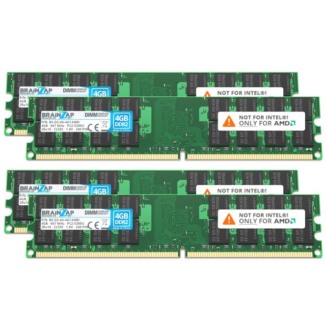 BRAINZAP 16GB DDR2 RAM DIMM PC2-5300U 2Rx16 667 MHz 1.8V CL5 AMD PC Arbeitsspeicher (4x 4GB)