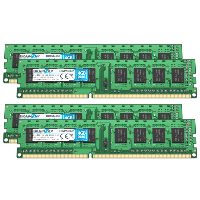 BRAINZAP 16GB DDR3 RAM DIMM PC3-12800U-11-10-A0 1Rx8 1600 MHz 1.5V CL11 Computer PC Arbeitsspeicher (4x 4GB)