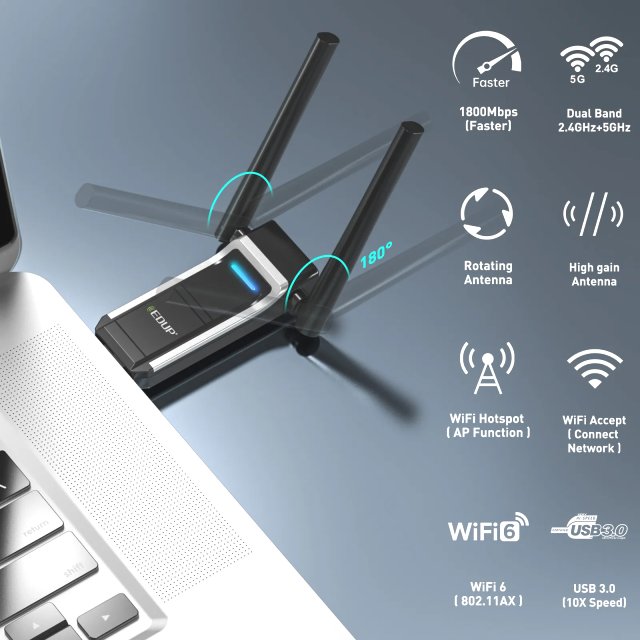 BRAINZAP 1800 Mbps USB 3.0 Dual-Band WIFI 6 WLAN Stick Adapter AX1800 802.11ax 2,4/5,8G 802.11ax/ac/a/b/g/n RTL8832BU