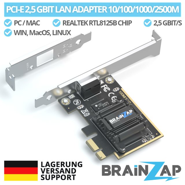 BRAINZAP 2.5 Gbit/s PCIe PCI-Express High-Speed LAN Adapter Netzwerk Karte Realtek RTL8125B 10/100/1000 Mbits