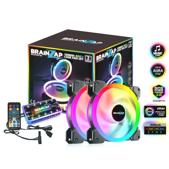 BRAINZAP 2x 120mm LED A-RGB Case Fan SET Gehäuse Lüfter Aura Asus Asrock MSI Gigabyte Music-Sync Coolmoon