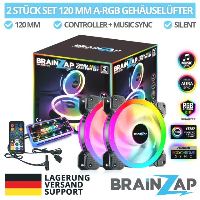 BRAINZAP 2x 120mm LED A-RGB Case Fan SET Gehäuse Lüfter Aura Asus Asrock MSI Gigabyte Music-Sync Coolmoon