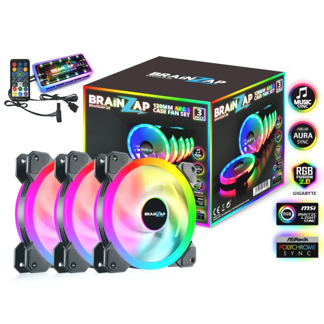 BRAINZAP 3x 120mm LED A-RGB Case Fan SET Gehäuse Lüfter Aura Asus Asrock MSI Gigabyte Music-Sync Coolmoon