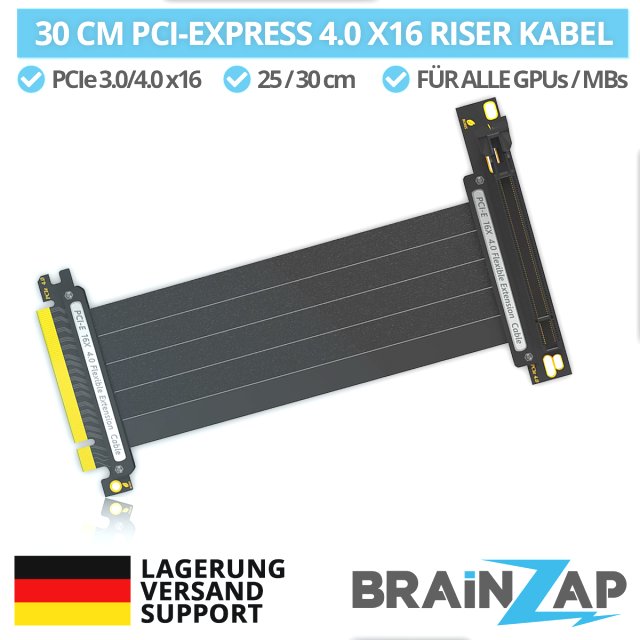 BRAINZAP 30 cm PCIe 4.0 x16 GPU Riser Kabel - PCI-Express 3.0/4.0 Nvidia RTX 4080, 4090, 5090, etc, Radeon RX