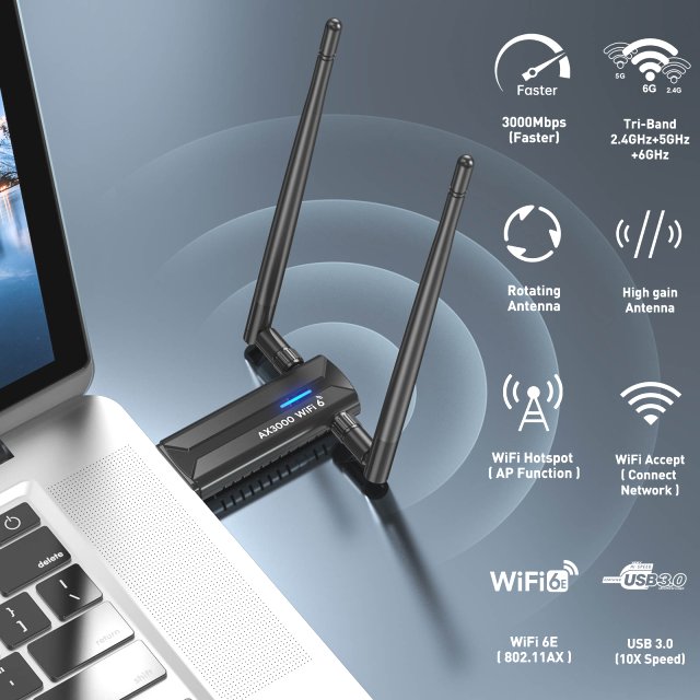 BRAINZAP 3000 Mbps USB 3.0 Tri-Band/Dual-Band WIFI 6 WLAN Stick Adapter AX3000 802.11ax 2,4/5,8G/6,0G 802.11ax/ac/a/b/g/n