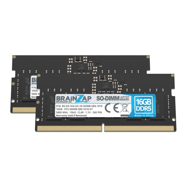BRAINZAP 32GB (2x 16GB) DDR5 RAM SO-DIMM PC5-5600B-SB0-1010-XT 1Rx8 5600 MHz 1.1V CL40 Notebook Laptop Arbeitsspeicher Unbuffered On-Die ECC