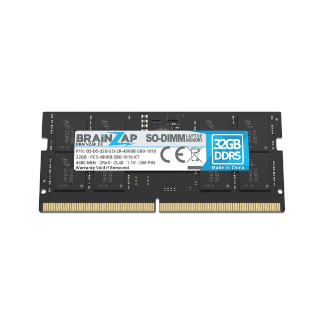 BRAINZAP 32GB DDR5 RAM SO-DIMM PC5-4800B-SB0-1010-XT 2Rx8 4800 MHz 1.1V CL40 Notebook Laptop Arbeitsspeicher Unbuffered On-Die ECC