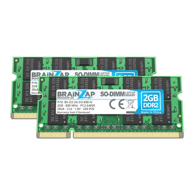 BRAINZAP 4GB DDR2 RAM SO-DIMM PC2-6400S 2Rx8 800 MHz 1.8V CL6 Notebook Laptop Arbeitsspeicher (2x 2GB)