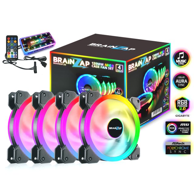 BRAINZAP 4x 120mm LED A-RGB Case Fan SET Gehäuse Lüfter Aura Asus Asrock MSI Gigabyte Music-Sync Coolmoon