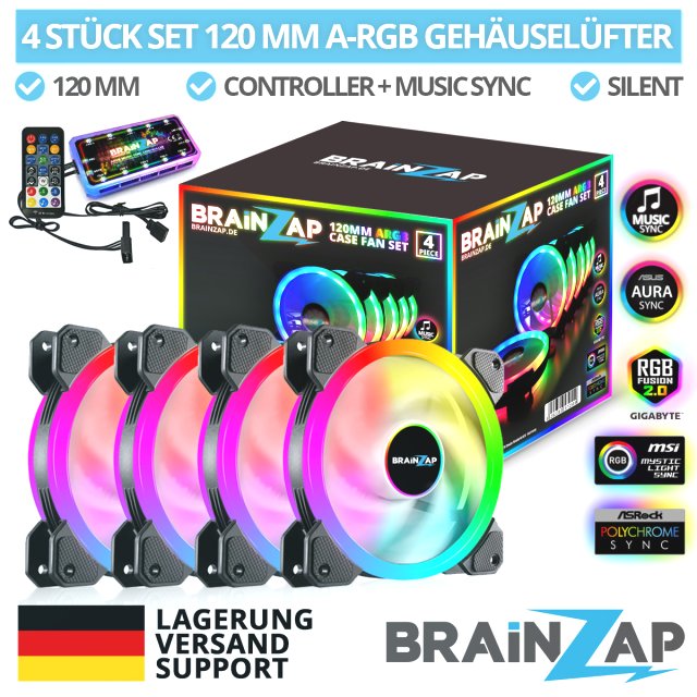 BRAINZAP 4x 120mm LED A-RGB Case Fan SET Gehäuse Lüfter Aura Asus Asrock MSI Gigabyte Music-Sync Coolmoon