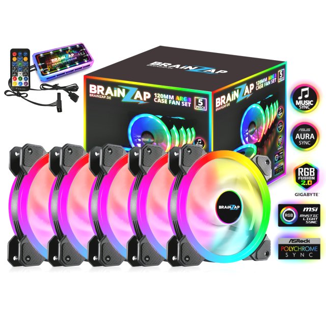 BRAINZAP 5x 120mm LED A-RGB Case Fan SET Gehäuse Lüfter Aura Asus Asrock MSI Gigabyte Music-Sync Coolmoon