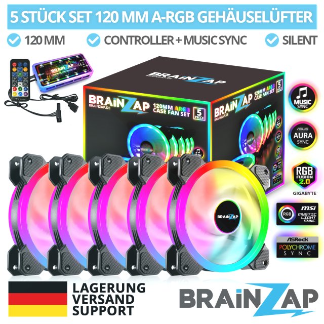 BRAINZAP 5x 120mm LED A-RGB Case Fan SET Gehäuse Lüfter Aura Asus Asrock MSI Gigabyte Music-Sync Coolmoon