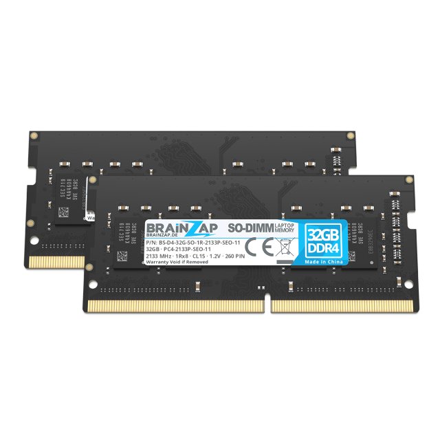 BRAINZAP 64GB DDR4 RAM SO-DIMM PC4-2133P-SEO-11 1Rx8 2133 MHz 1.2V CL15 Notebook Laptop Arbeitsspeicher Unbuffered Non-ECC (2x 32GB)