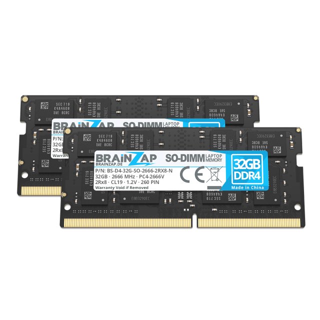 BRAINZAP 64GB DDR4 RAM SO-DIMM PC4-2666V 2Rx8 2666 MHz 1.2V CL19 Notebook Laptop Arbeitsspeicher (2x 32GB)