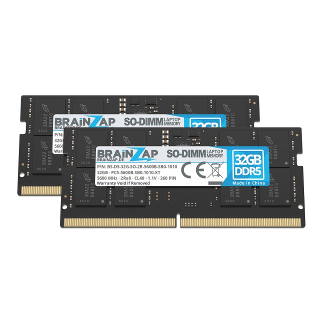 BRAINZAP 64GB (2x 32GB) DDR5 RAM SO-DIMM PC5-5600B-SB0-1010-XT 2Rx8 5600 MHz 1.1V CL40 Notebook Laptop Arbeitsspeicher Unbuffered On-Die ECC