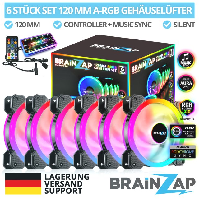 BRAINZAP 6x 120mm LED A-RGB Case Fan SET Gehäuse Lüfter Aura Asus Asrock MSI Gigabyte Music-Sync Coolmoon