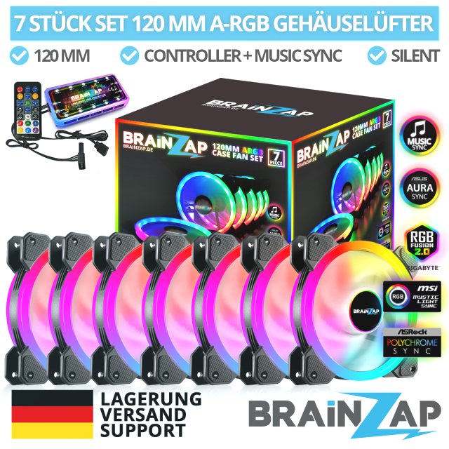 BRAINZAP 7x 120mm LED A-RGB Case Fan SET Gehäuse Lüfter Aura Asus Asrock MSI Gigabyte Music-Sync Coolmoon