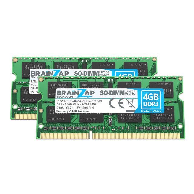 BRAINZAP 8GB DDR3 RAM SO-DIMM PC3-8500S 2Rx8 1066 MHz 1.5V CL7 Notebook Laptop Arbeitsspeicher (2x 4GB)