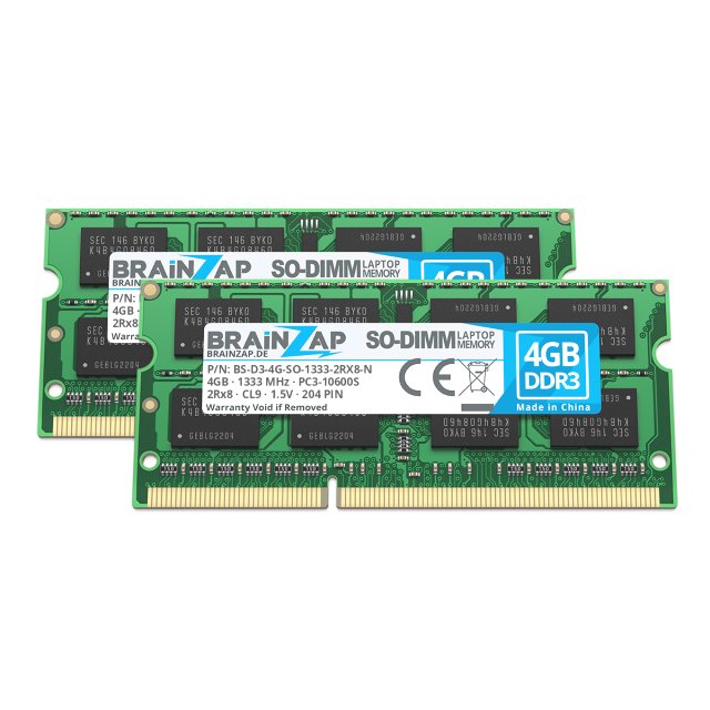 BRAINZAP 8GB DDR3 RAM SO-DIMM PC3-10600S 2Rx8 1333 MHz 1.5V CL9 Notebook Laptop Arbeitsspeicher (2x 4GB)