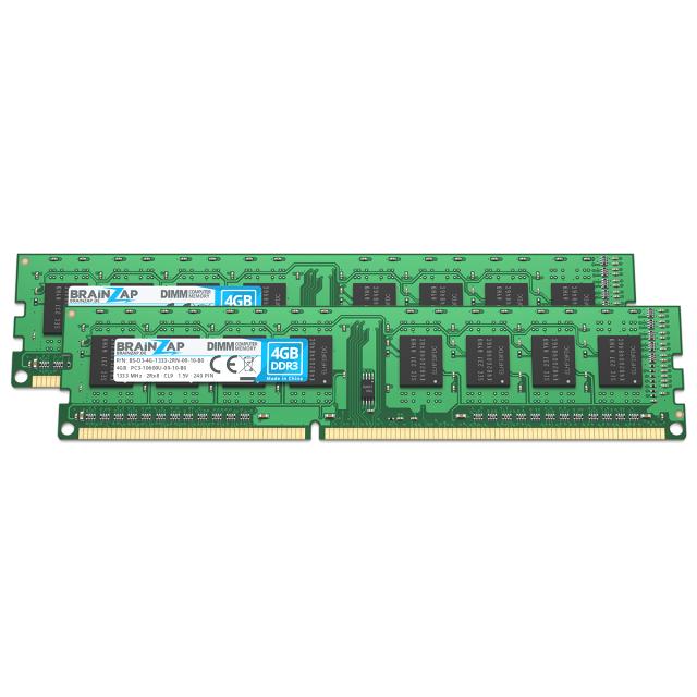 BRAINZAP 8GB (2x 4GB) DDR3 RAM DIMM PC3-10600U-09-10-B0 2Rx8 1333 MHz 1.5V CL9 Computer PC Arbeitsspeicher