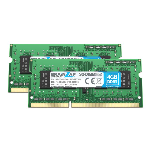 BRAINZAP 8GB DDR3 RAM SO-DIMM PC3-12800S 1Rx8 1600 MHz 1.5V CL11 Notebook Laptop Arbeitsspeicher (2x 4GB)