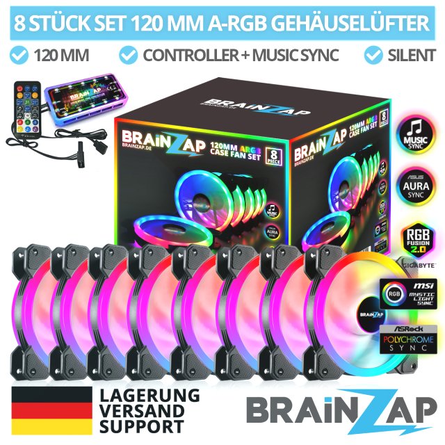 BRAINZAP 8x 120mm LED A-RGB Case Fan SET Gehäuse Lüfter Aura Asus Asrock MSI Gigabyte Music-Sync Coolmoon
