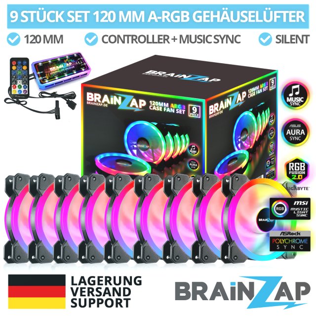 BRAINZAP 9x 120mm LED A-RGB Case Fan SET Gehäuse Lüfter Aura Asus Asrock MSI Gigabyte Music-Sync Coolmoon