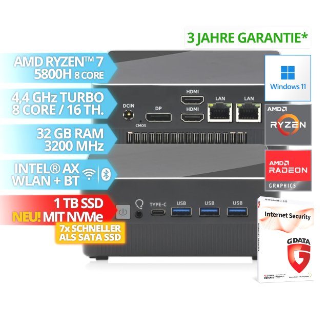 BRAINZAP AMD Ryzen 5800H 8-Core Mini Gaming PC NUC Radeon Vega 4,4 GHz 32 GB RAM 1 TB SSD WLAN Windows 11