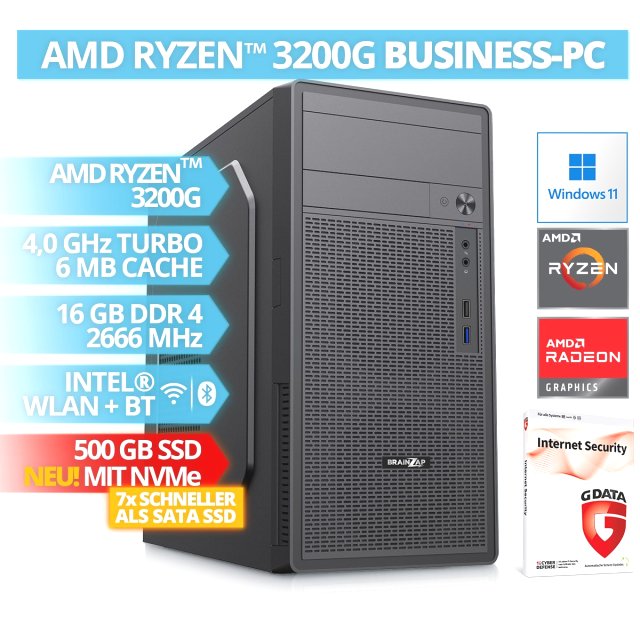 BRAINZAP AMD Ryzen 3 3200G Quad-Core Office / Business PC, 16 GB DDR4 RAM, 500 GB NVMe SSD, WLAN, BT Bluetooth Windows 11