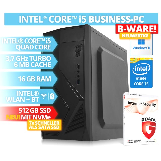 B-WARE! BRAINZAP Intel Core i5 Quad-Core Office / Business PC, 16 GB RAM, 512 GB NVMe SSD, WLAN, BT Bluetooth Windows 11