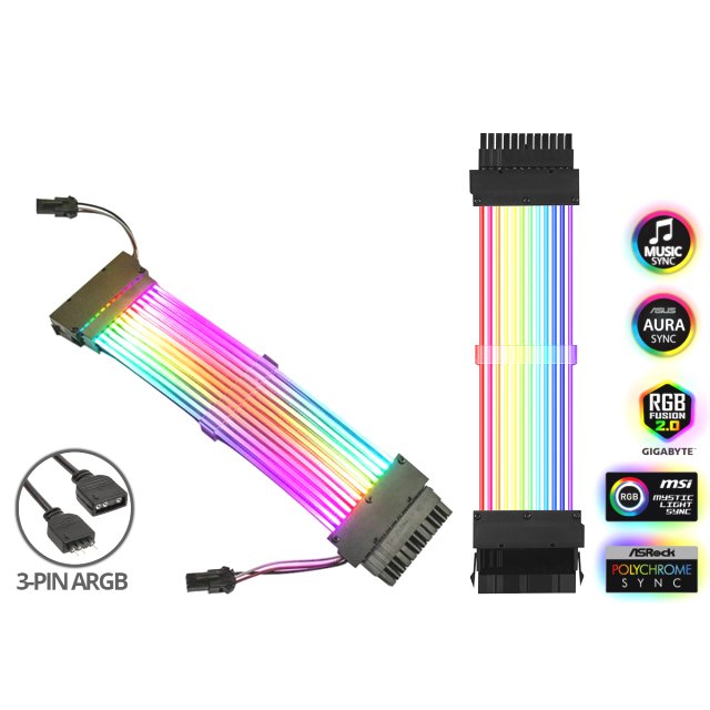 BRAINZAP A-RGB Extension Cable Kabel 20+4 / 24 PIN ATX Verlängerung Verlängerungskabel 16AWG 25 cm Aura Asus Asrock MSI Gigabyte