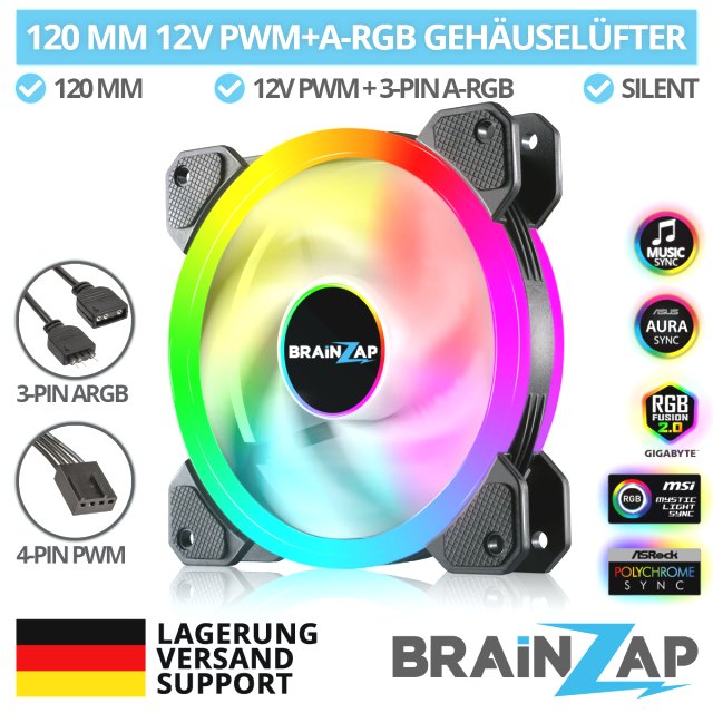BRAINZAP 120 mm LED A-RGB Case Fan Gehäuse Lüfter 12V PWM Aura Asus Asrock MSI Gigabyte