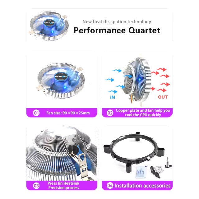 BRAINZAP CPU Kühler 4-PIN PWM 70W TDP Fan Lüfter Prozessor Intel+AMD 1150 1151 1155 1700 AM2 AM3 AM4 Alle Sockel