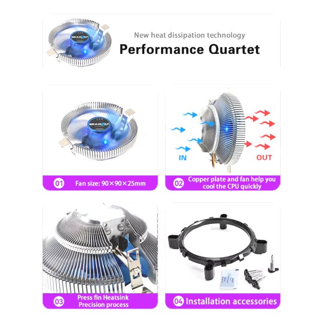 BRAINZAP CPU Kühler 4-PIN PWM 70W TDP Fan Lüfter Prozessor Intel+AMD Alle Sockel