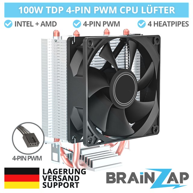 BRAINZAP CPU Kühler 4-PIN PWM 100W TDP Fan Lüfter Intel 1150 1151 1155 1156 1700 AMD AM2 AM3 AM4