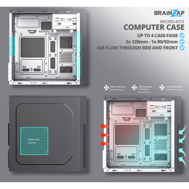 BRAINZAP Micro-ATX PC-Gehäuse Mid-Tower Case USB 3.0 mATX µATX Mini-ITX Schwarz 