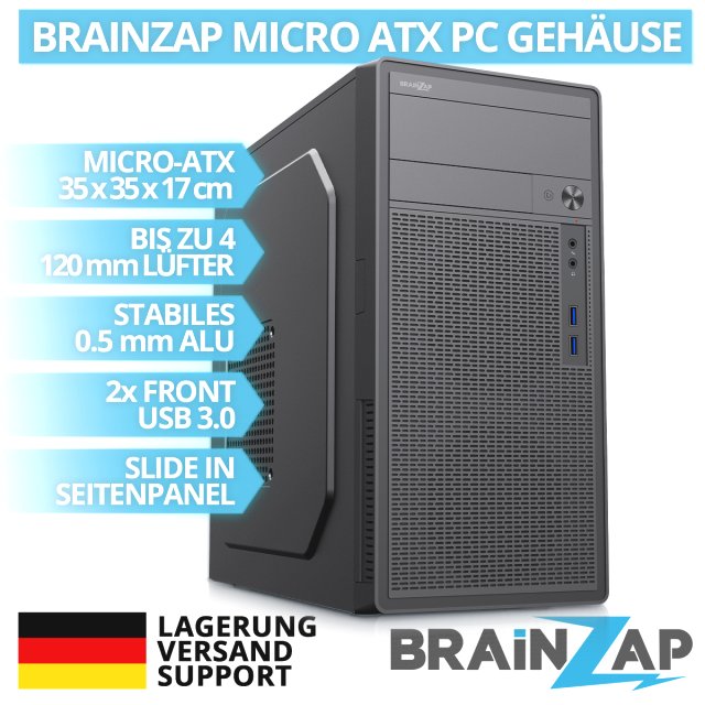 BRAINZAP Micro-ATX PC-Gehäuse Mid-Tower Case USB 3.0 mATX µATX Mini-ITX Schwarz 