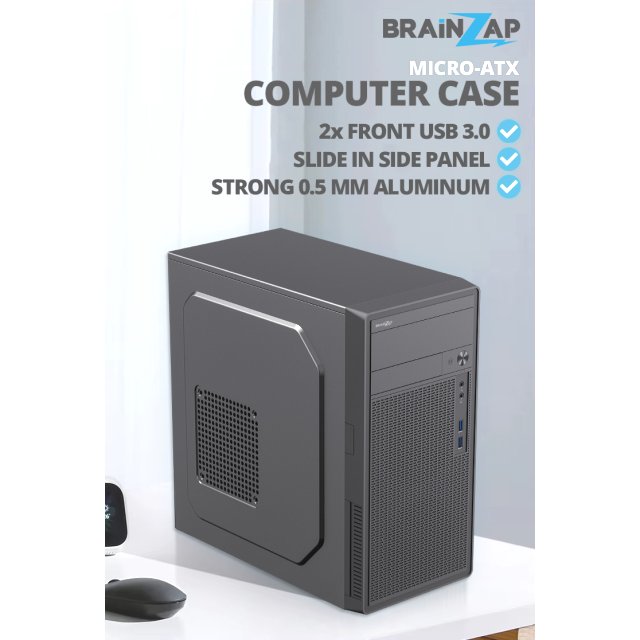 BRAINZAP Micro-ATX PC-Gehäuse Mid-Tower Case USB 3.0 mATX µATX Mini-ITX Schwarz 