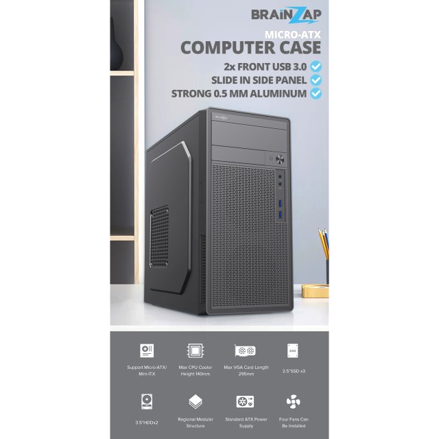 BRAINZAP Micro-ATX PC-Gehäuse Mid-Tower Case USB 3.0 mATX µATX Mini-ITX Schwarz 
