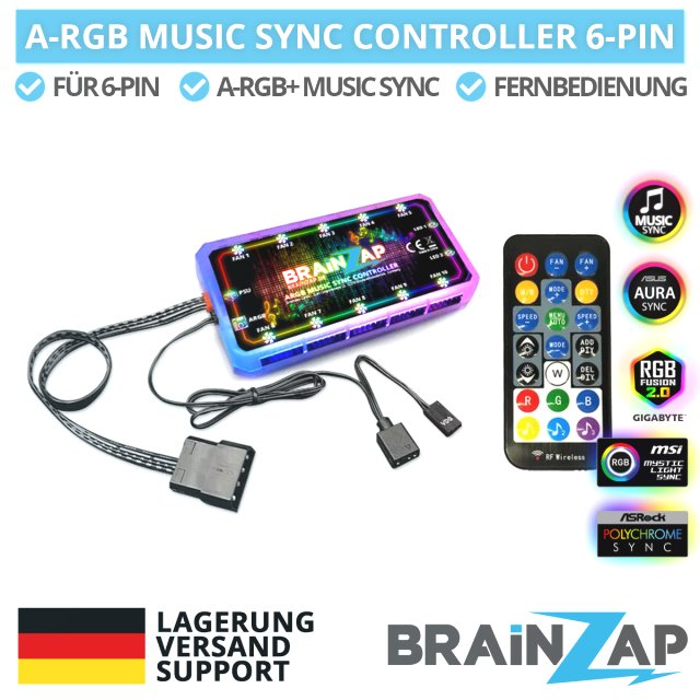 BRAINZAP A-RGB RGB 5V 6-PIN Controller - Lüfter Fan Music Sync - Aura Asus Asrock MSI Gigabyte Coolmoon Kompatibel