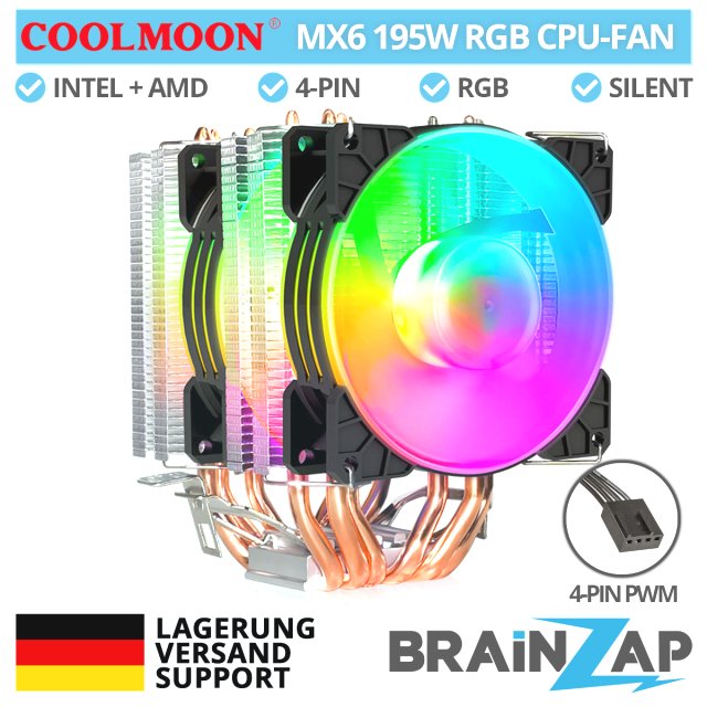 COOLMOON CPU Kühler MX6 Fan Lüfter RGB Dual Fan Heatpipe Prozessor 12V PWM 195W 1151 115X AM3 AM4 Intel & AMD