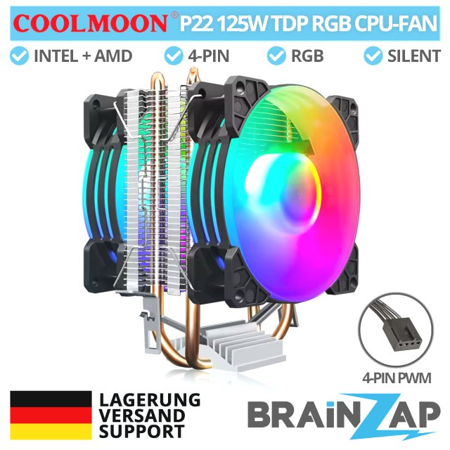 COOLMOON CPU Kühler P22 Fan Lüfter RGB Dual Fan Heatpipe Prozessor 12V PWM 125W 1151 115X AM3 AM4 Intel & AMD