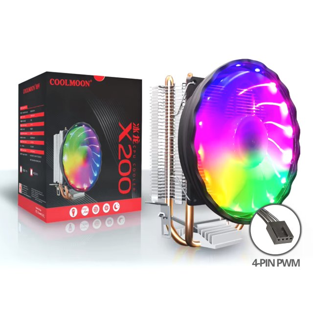 COOLMOON CPU Kühler X200 Fan Lüfter RGB Heatpipe Prozessor 12V PWM 100W 1151 115X AM3 AM4 Intel & AMD