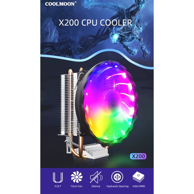 COOLMOON CPU Kühler X200 Fan Lüfter RGB Heatpipe Prozessor 12V PWM 100W 1151 115X AM3 AM4 Intel & AMD