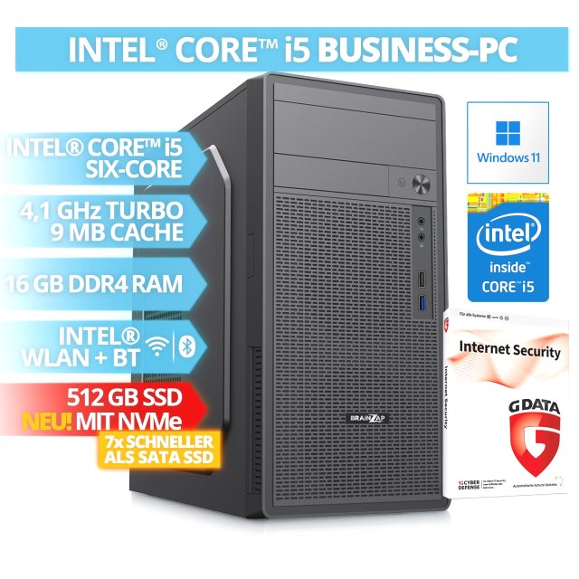 BRAINZAP Intel Core i5 SIX-Core Office / Business PC, 16 GB DDR4 RAM, 512 GB NVMe SSD, WLAN, BT Bluetooth Windows 11