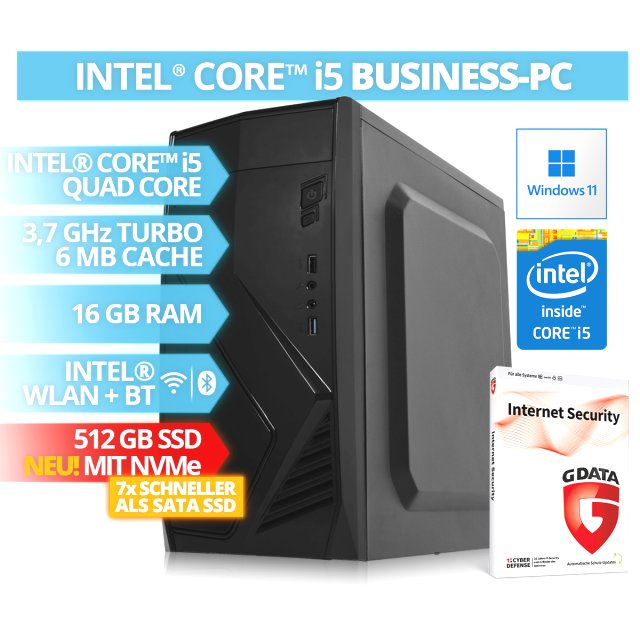 BRAINZAP Intel Core i5 Quad-Core Office / Business PC, 16 GB RAM, 512 GB NVMe SSD, WLAN, BT Bluetooth Windows 11